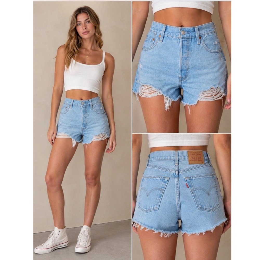 Levi's 501 Original Cut-Off Shorts Women 31 Light Wash Distressed Premium Denim